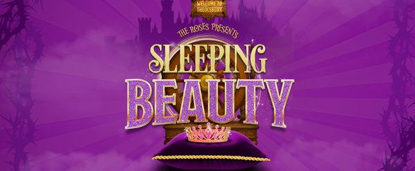 Sleeping Beauty' purple header with a crown on a cushion and castle silhouettes.