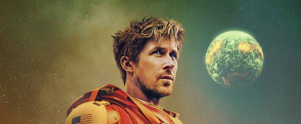 Movie poster for Project Hail Mary featuring Ryan Gosling as an astronaut in a red spacesuit, gazing into space with a distant planet behind him. Below, a smaller figure walks on a glowing surface near a sun, with sci-fi elements and warm, cosmic colors.