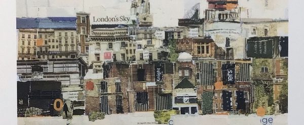 Collage art piece combining cut-out images, overlapping paper textures and blended visual elements.