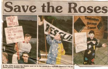 A newspaper clipping of children holding signs. The title of the article says 'Save the Roses'