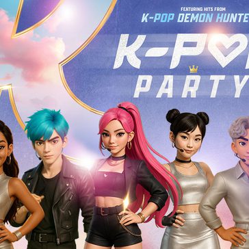Aminated characters standing underneath "K-Pop Party".