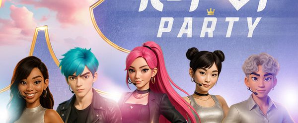 Aminated characters standing underneath "K-Pop Party".