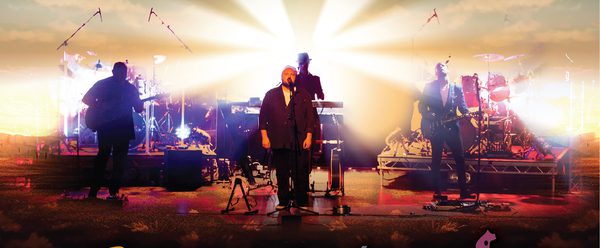 Band members holding their musical instruments above a description of the show.