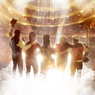 "Go Your Own Way" poster with musicians shadows on clouds.