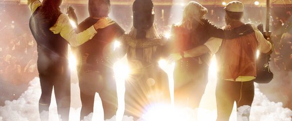 "Go Your Own Way" poster with musicians shadows on clouds.