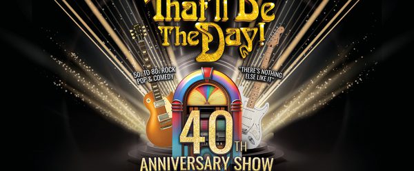 Jukebox flanked by two guitars with the text 'That'll Be The Day: 40th Anniversary Show – Trevor's Farewell Tour' displayed in front
