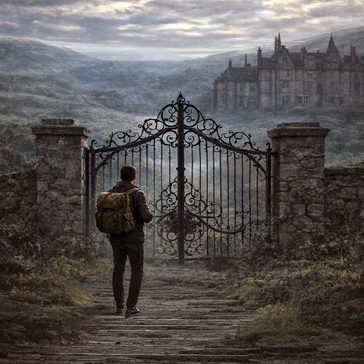 A lone traveler with a backpack stands before an ornate iron gate, looking toward a large, mist-shrouded mansion nestled in a distant valley under a cloudy sky.