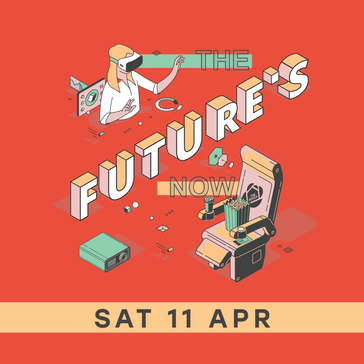 Graphic with chair, popcorn and lady playing on virtual reality.