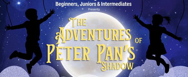 Silhouettes of two children swinging against a starry sky, with text announcing "The Adventures of Peter Pan's Shadow" by J.M. Barrie.