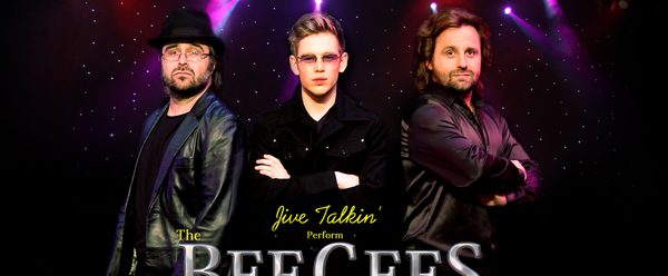 Three men stood behind the title text.