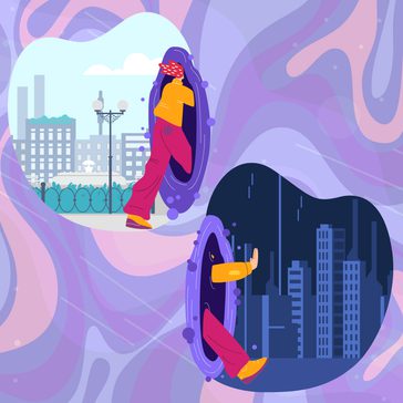 Woman stepping through a portal transitioning from daylight into night time.