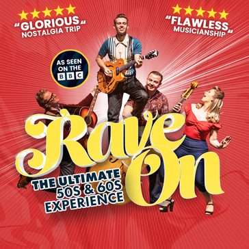 4 peoples holding instruments around 'Rave On' title