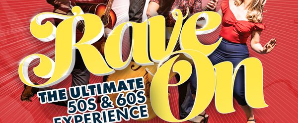 4 peoples holding instruments around 'Rave On' title