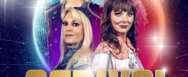 Band members above the title text, surrounded by a circle half blue and half red.