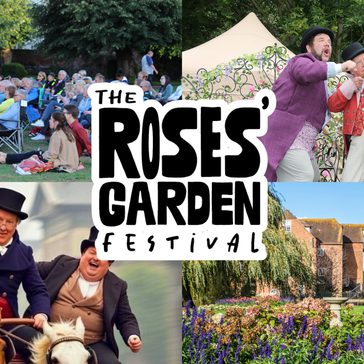 Promotional collage for The Roses’ Garden Festival. Four outdoor scenes surround the festival logo: a large audience seated on grass and folding chairs in a park setting; three costumed performers in period dress holding sticks on an outdoor stage; three people in historic clothing riding in a horse-drawn carriage; and a colourful flower-filled garden with brick buildings and trees in the background. The central text reads “THE ROSES’ GARDEN FESTIVAL.”