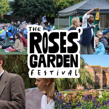 Promotional collage for The Roses’ Garden Festival. The central festival logo is surrounded by four scenes: a large audience seated on folding chairs and picnic blankets at an outdoor performance; interactive performers engaging with visitors in a park, one holding up a lantern; participants in costume gathered around a small train toy; and a vibrant garden of purple and pink flowers set against historic brick buildings and trees. The centre text reads “THE ROSES’ GARDEN FESTIVAL.”