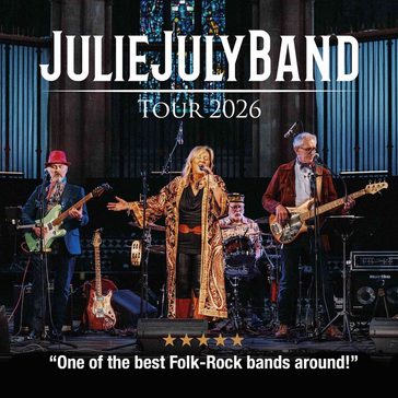 Julie July Band performing on stage with a 5 star review underneath.