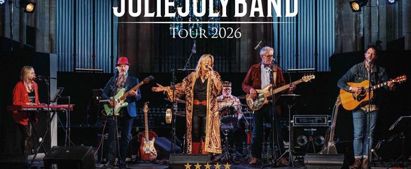 Julie July Band performing on stage with a 5 star review underneath.