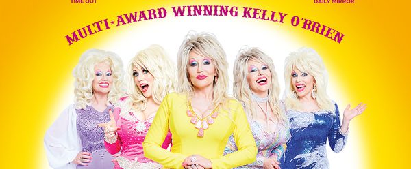 Poster for "The Dolly Show," featuring five women dressed as Dolly Parton in colorful, sparkling outfits posing in front of a yellow background, with the show title in large, bejeweled lettering and text promoting the show's celebration of Dolly Parton's life and music.