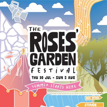 Colorful illustrated poster for “The Rose’s Garden Festival,” taking place Thursday 30 July to Sunday 2 August. The design features a bright summer theme with a blue sky, clouds, a large tree with hanging microphones, a stage area, and a signpost pointing to attractions like box office, stage, games, workshops, and food & drink.
