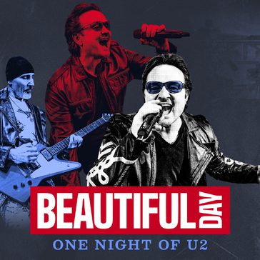 A male singer performing with a microphone, alongside band members playing guitar and drums, rendered in red, blue, and black tones against a dark concert-style background.