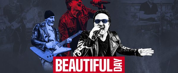 A male singer performing with a microphone, alongside band members playing guitar and drums, rendered in red, blue, and black tones against a dark concert-style background.