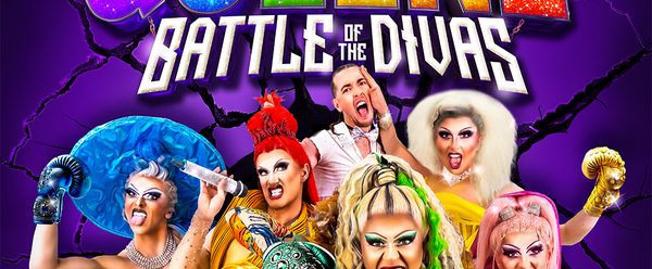Bold poster for “Queenz: Battle of the Divas” featuring six glamorous drag performers in colorful costumes posing with microphones and boxing gloves against a cracked purple background.
