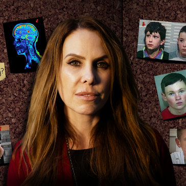 Emma Kenny centered in front of a corkboard covered with pinned photos, including mugshots, childhood images, a brain scan, and a family picture, with sticky notes reading “why?” and “how?”.