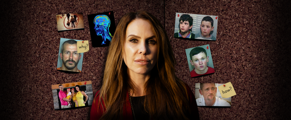 Emma Kenny centered in front of a corkboard covered with pinned photos, including mugshots, childhood images, a brain scan, and a family picture, with sticky notes reading “why?” and “how?”.