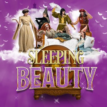 A group of colourful panto characters gathered around a bed above an ornate wooden bed frame. The scene is surrounded by white feathers and clouds against a purple magical background, with the Sleeping Beauty title in large gold and purple lettering.