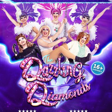 Five drag performers in colorful costumes and feathered headpieces against a sparkling purple background.