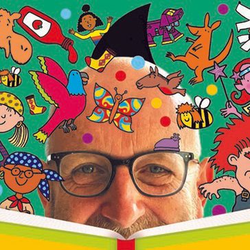 Nick Sharratt peeking over a colourful book, surrounded by bright cartoon characters, animals, toys, insects and playful illustrations. The image has a vibrant green background with colourful vertical stripes around the edges.