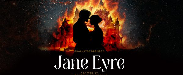 Jane Eyre theatre poster with silhouetted couple and burning mansion