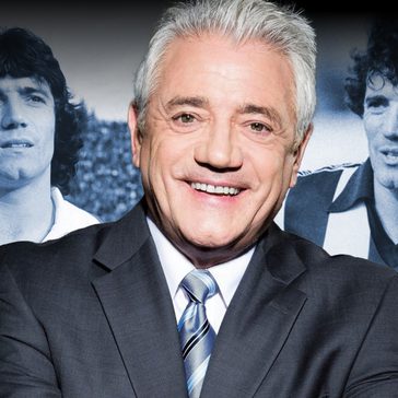 Kevin Keegan smiling in a suit, surrounded by archival photos from his playing career.