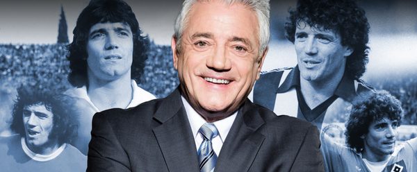 Kevin Keegan smiling in a suit, surrounded by archival photos from his playing career.